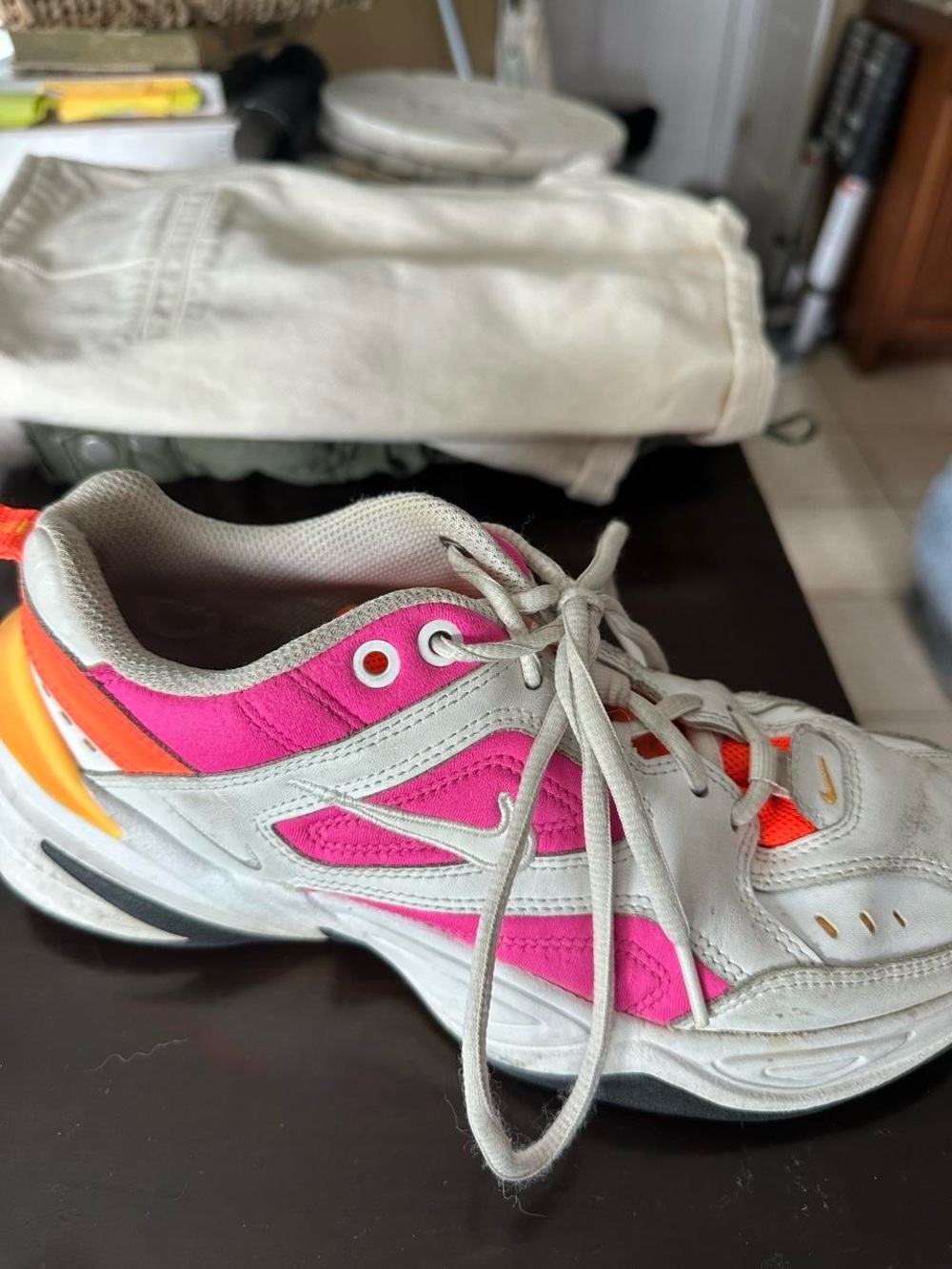 Nike Women’s M2K Tekno White Sneakers with Pink Panels and Orange Accents - Picture 3 of 6